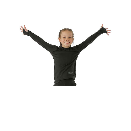 Child wearing a black long-sleeve shirt with arms outstretched on a white background