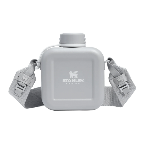 Gray water bottle with strap featuring Stanley logo on a white background