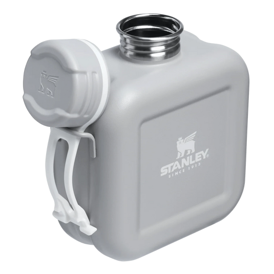 Gray water container with white handle and Stanley logo on a white background