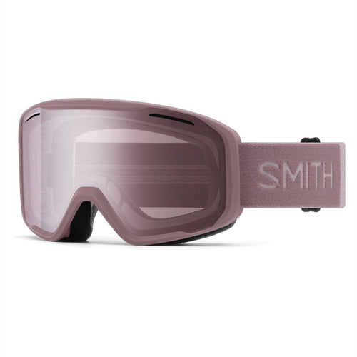 Pink ski goggles with 'Smith' branding on a white background