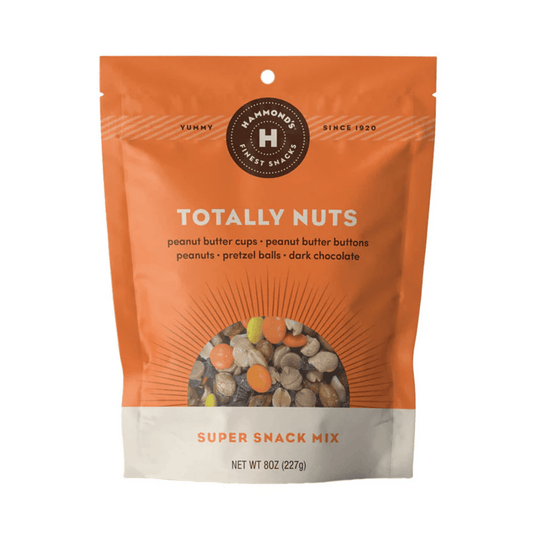 Packaging of a snack mix with 'Totally Nuts' branding on an orange background
