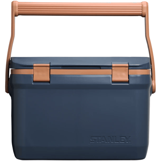 Blue cooler box with brown handles and Stanley logo on a white background