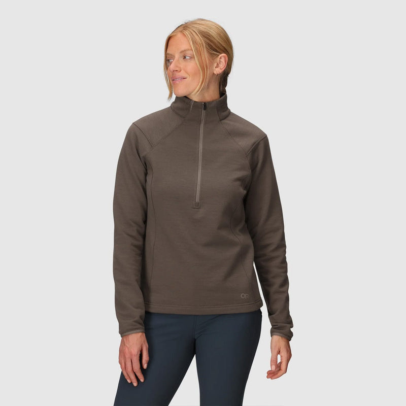 Load image into Gallery viewer, Woman wearing a brown long-sleeve pullover with a quarter zip on a light gray background
