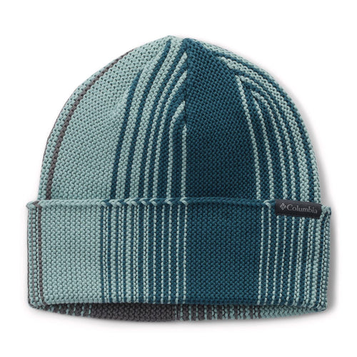 Teal knit beanie with white stripes on a white background