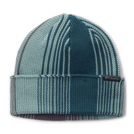 Teal knit beanie with white stripes on a white background