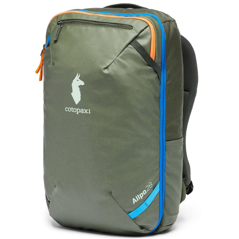 Load image into Gallery viewer, Green backpack with blue accents and Cotopaxi logo on a white background
