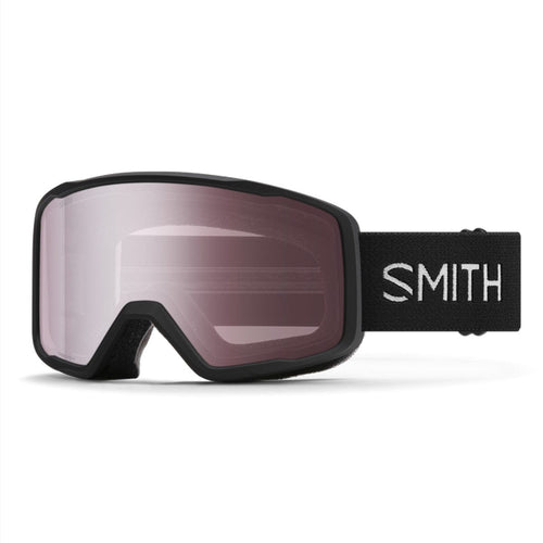Black ski goggles with pink lenses on a white background, featuring the Smith logo.