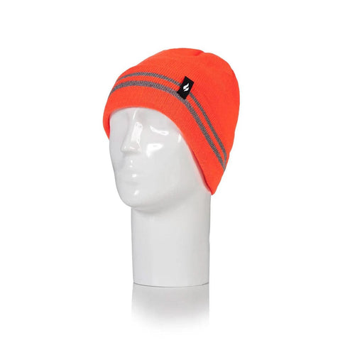 Orange beanie with reflective stripes on a mannequin head against a white background