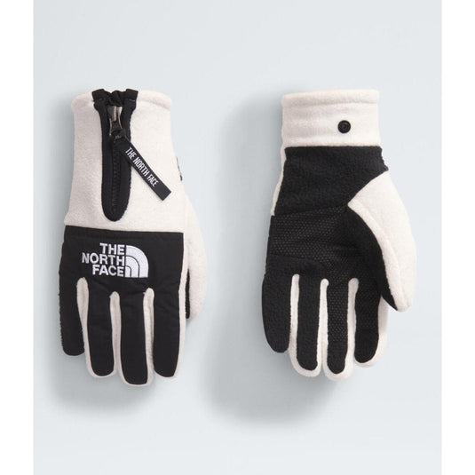 Pair of black and white gloves with The North Face logo on a light gray background