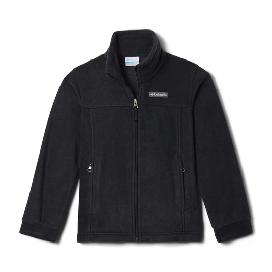 Black fleece jacket with Columbia logo on a white background