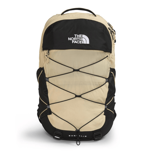 Beige and black backpack with The North Face logo on a white background