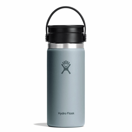 Gray Hydro Flask with black lid on a white background