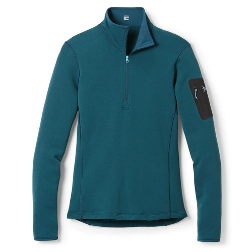 Teal pullover with a brand logo on a white background