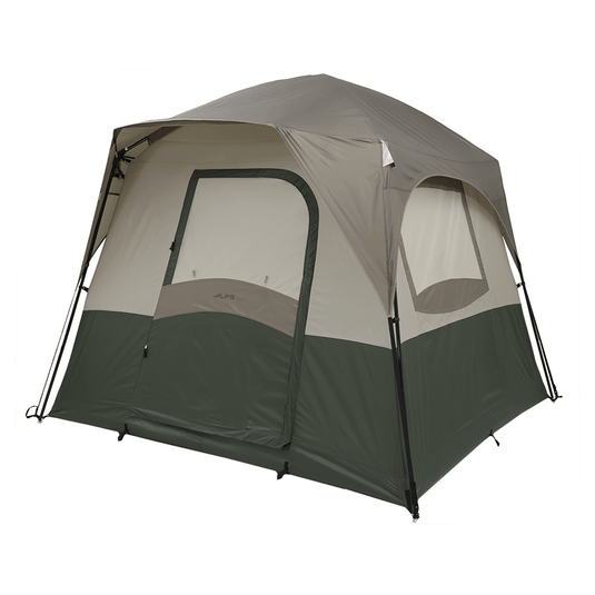 Camping tent with a gray and green color scheme on a white background