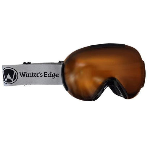 Brown goggles with a 'Winter's Edge' tag on a white background