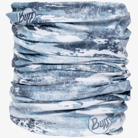 A rolled-up Buff neck gaiter featuring a blue and white abstract watercolor pattern, with the Buff logo visible on two different sections.