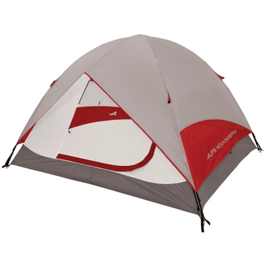Gray and red tent with visible branding on a white background