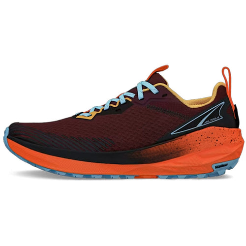 Maroon and orange running shoe with blue accents on a white background