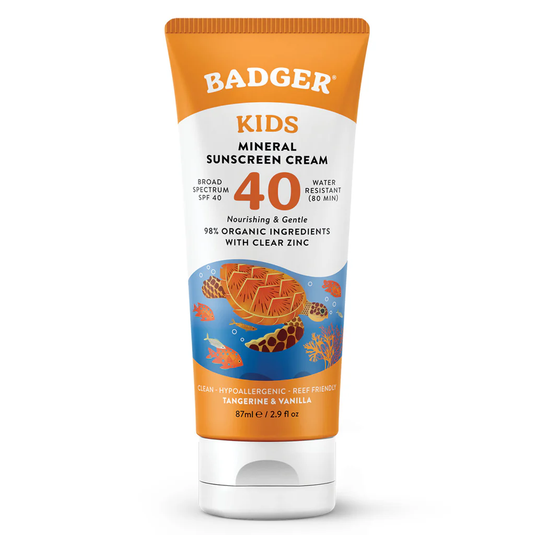 Badger Kids Mineral Sunscreen Cream SPF 40 on a white background