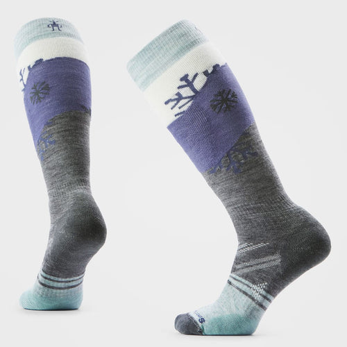 Pair of socks with gray, blue, and white design on a light gray background