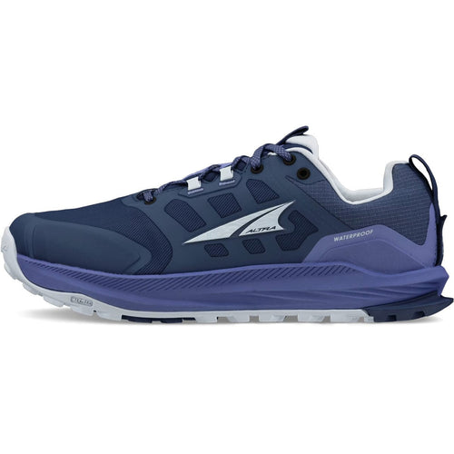 Blue running shoe with white sole on a white background