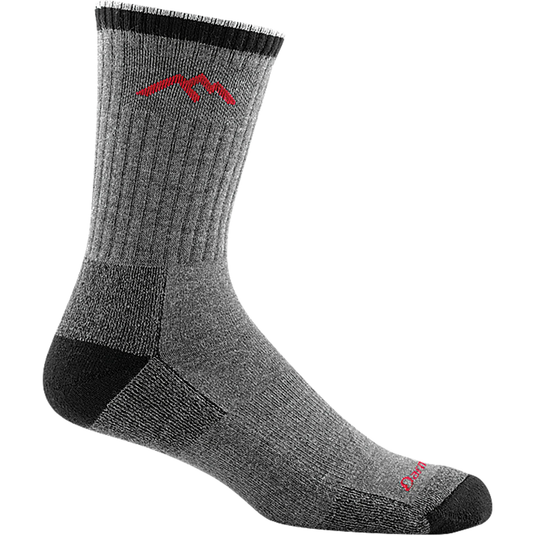 Gray sock with black accents and a red mountain logo on a white background