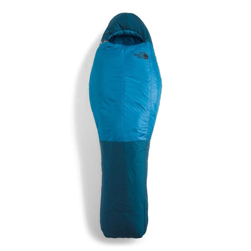 Blue sleeping bag with The North Face logo on a white background