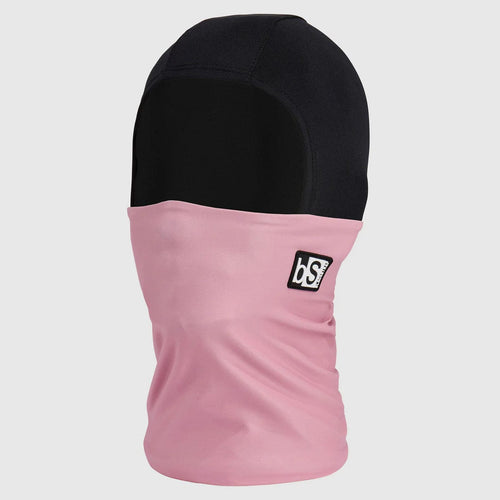 Black and pink balaclava with a logo on a light gray background