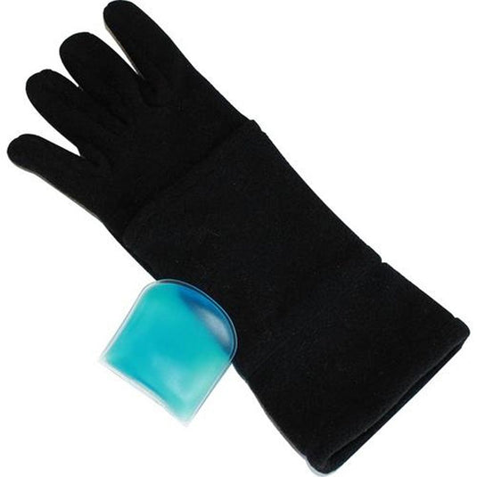 Black glove with a blue ice pack on a white background