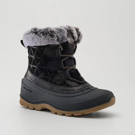 Black winter boot with gray fur lining on a light gray background