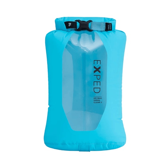 Blue dry bag with 'Exped' branding on a white background