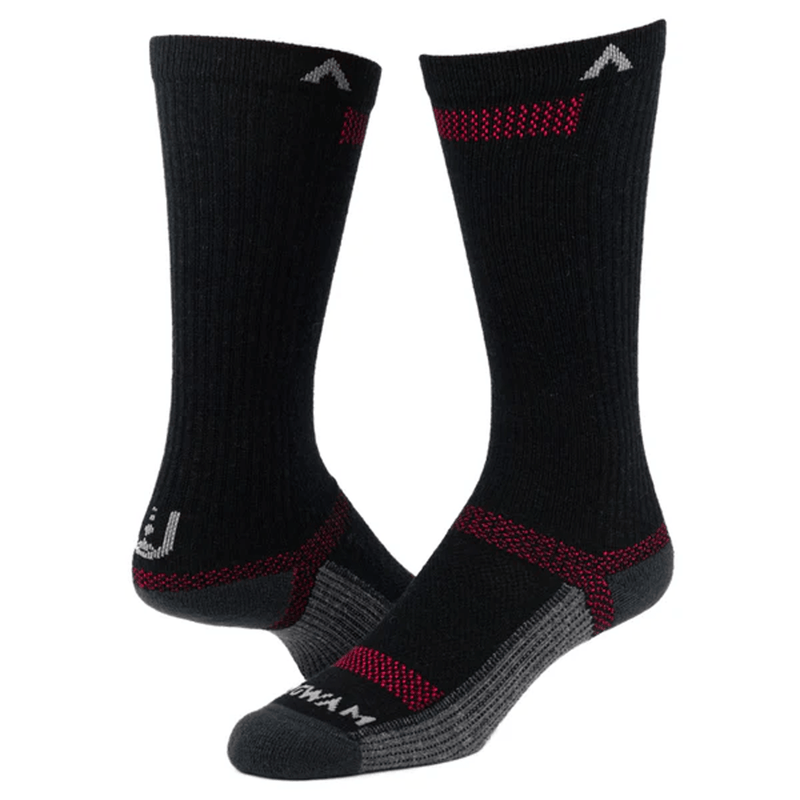 Load image into Gallery viewer, Pair of black socks with red accents on a white background
