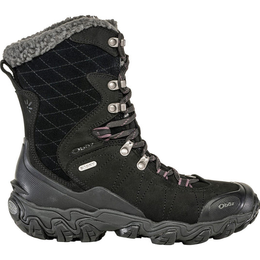 Black winter boot with quilted design and visible brand logo on a white background