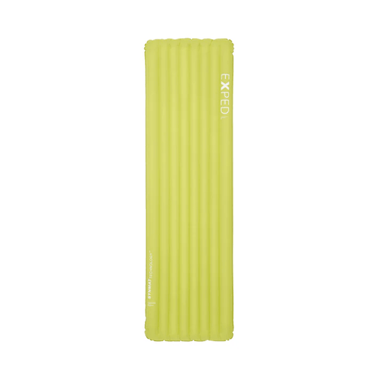 Yellow inflatable sleeping pad with 'Exped' branding on a white background