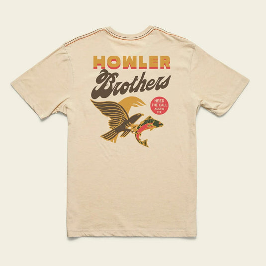 Beige t-shirt with 'Howler Brothers' logo featuring an eagle and fish on a white background