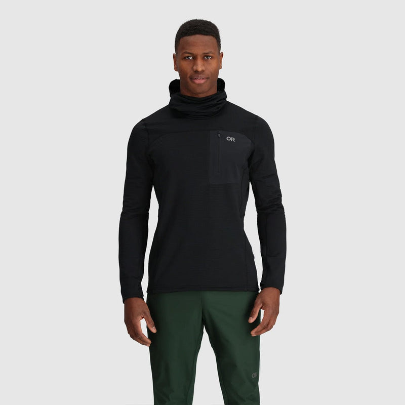 Load image into Gallery viewer, Man wearing a black long-sleeve shirt with a brand logo on a gray background
