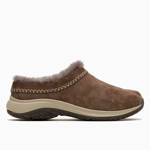 Brown slip-on shoe with fur lining on a white background