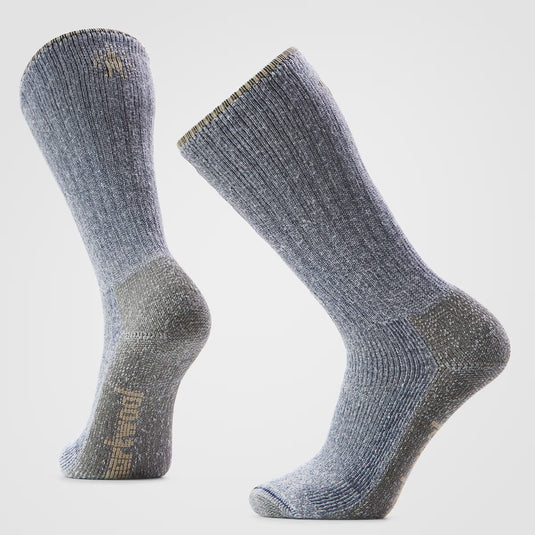 Pair of gray socks with brand logo on a light gray background