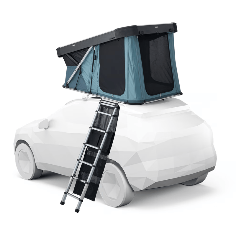 Load image into Gallery viewer, Car with a rooftop tent and ladder on a white background

