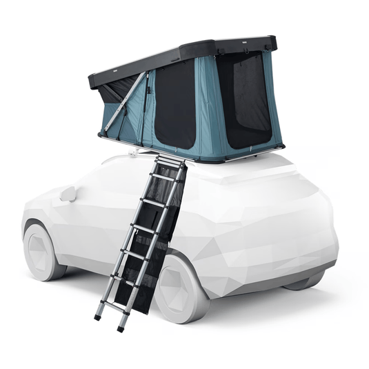 Car with a rooftop tent and ladder on a white background