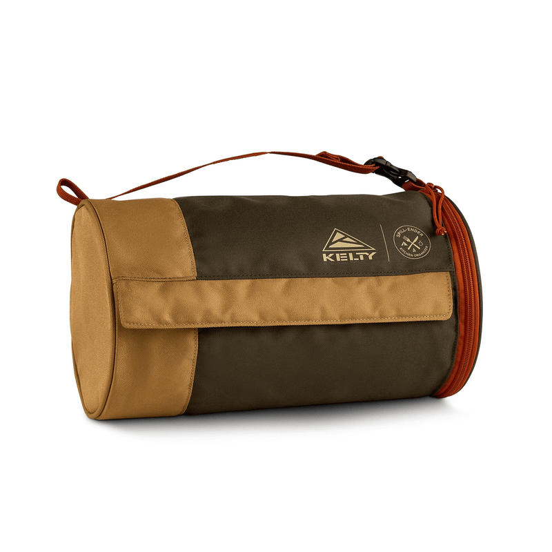 Load image into Gallery viewer, Brown and beige toiletry bag with Kelty logo on a white background
