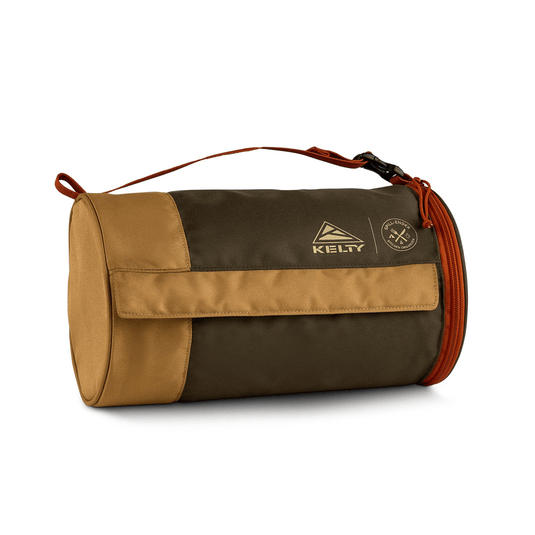 Brown and beige toiletry bag with Kelty logo on a white background