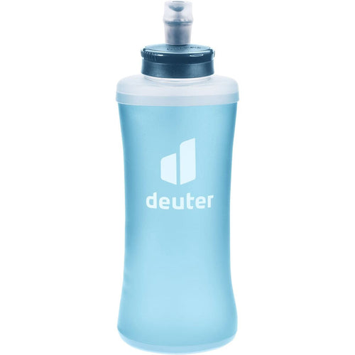 Blue flexible water bottle with Deuter logo on a white background