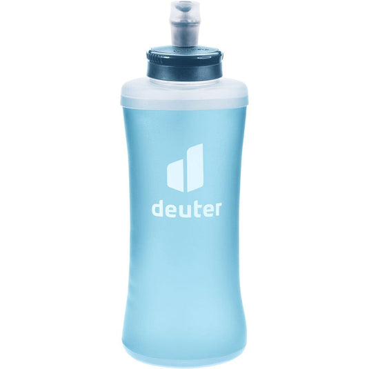 Blue flexible water bottle with Deuter logo on a white background