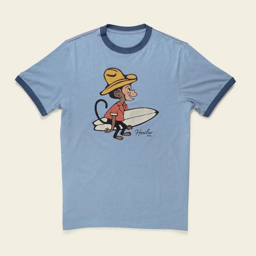 Blue t-shirt with a cartoon monkey holding a surfboard design on a beige background
