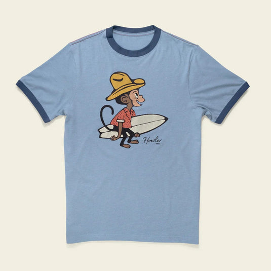Blue t-shirt with a cartoon monkey holding a surfboard design on a beige background
