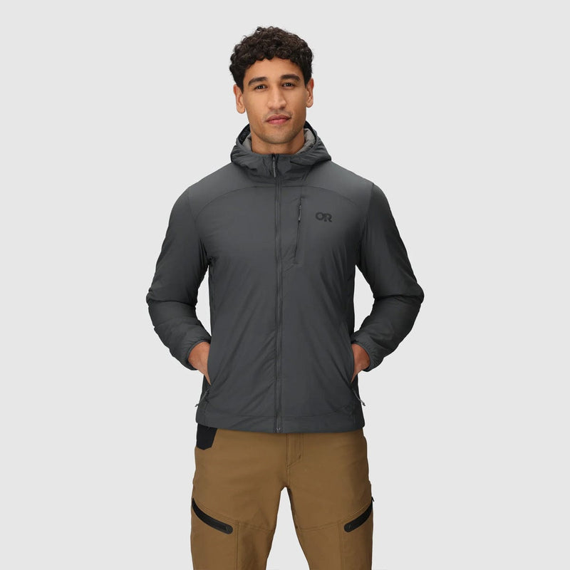 Load image into Gallery viewer, Man wearing a gray jacket with a hood on a light gray background
