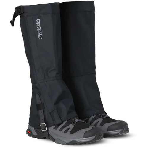 Pair of black gaiters with gray soles on a white background