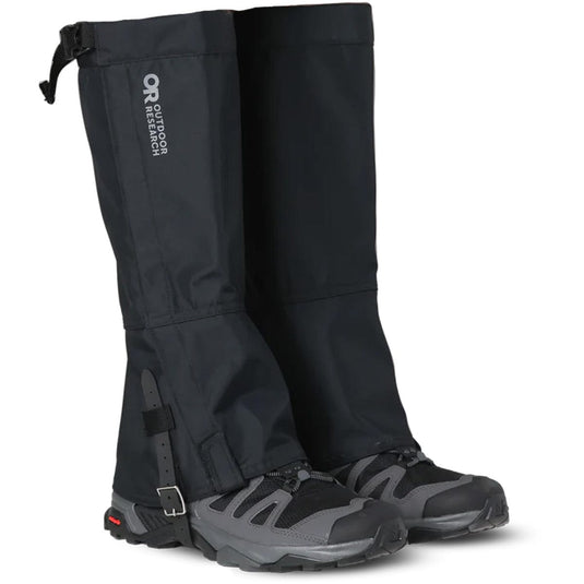 Pair of black gaiters with gray soles on a white background