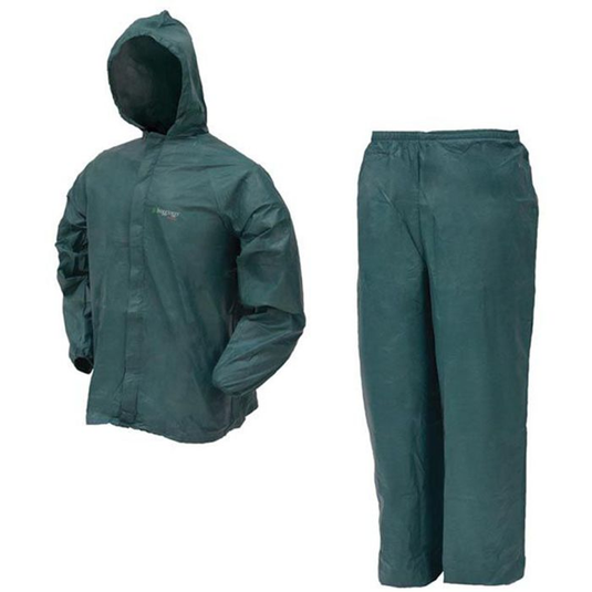 Green raincoat and pants set on a white background